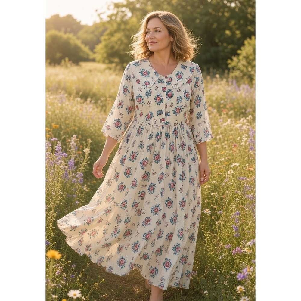 Vtg Passports Prairie Dress Women's  Large Floral cream Cottagecore Church Dress